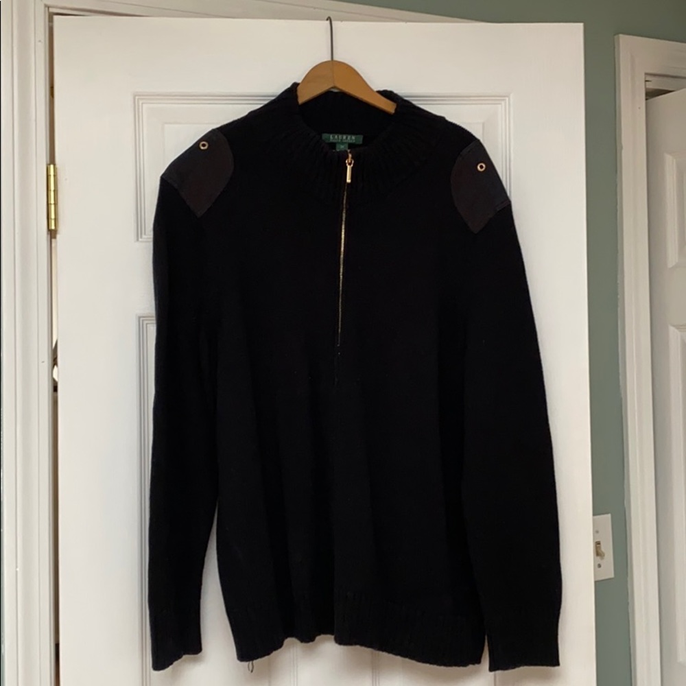 Blue sweater with gold zipper